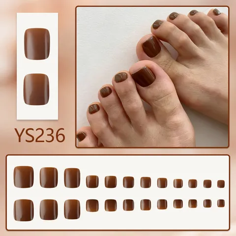 Uñas Postizas para Pies de Color Marrón Oscuro Brillante Cortas Cuadradas Uñas Artificiales para Mujer Decoración de Pedicura Diaria Joyería