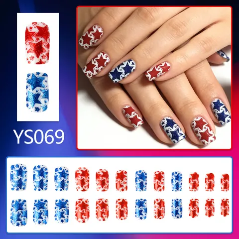 Unghie Finte per il Giorno dell'Indipendenza Rosse Blu Glitter Stella Corte Quadrate Stile Bandiera Americana Decorazione Manicure Donna