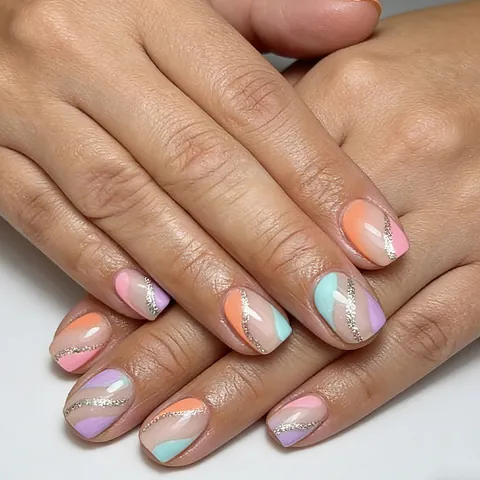 Glossy Short Square Macaron Wave Press On Nails With Gold Glitter Line Women Colorful Artificial False Nail Tips Kit