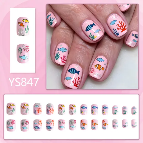 Unghie Finte a Pressione Rosa Glitter Corte Quadrate Con Motivo Mare Pesci Coralli Unghie Artificiali Lucide Riutilizzabili Donna