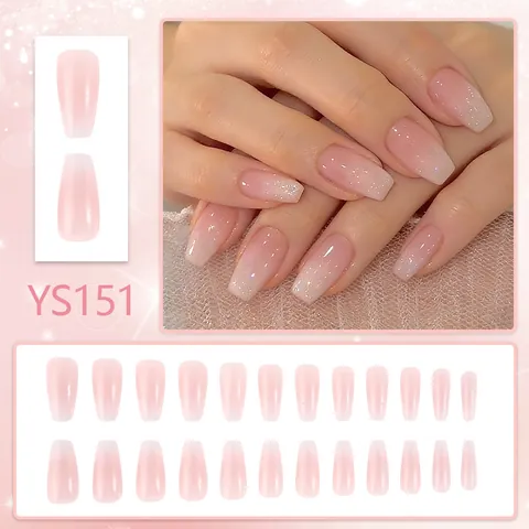 24 Pezzi Unghie Finte da Applicare Sfumatura Rosa Francese Lunga Forma a Bara Con Brillantini Argento Ombre per Donna