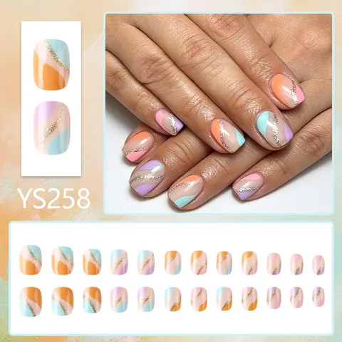 Glossy Short Square Macaron Wave Press On Nails With Gold Glitter Line Women Colorful Artificial False Nail Tips Kit