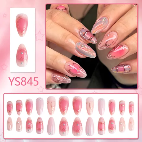 Unghie Press On Mandorla Sfumate Rosa Con Linee Dorate Motivi A Cuore Strass Unghie Finte Artificiali Per Manicure Donna