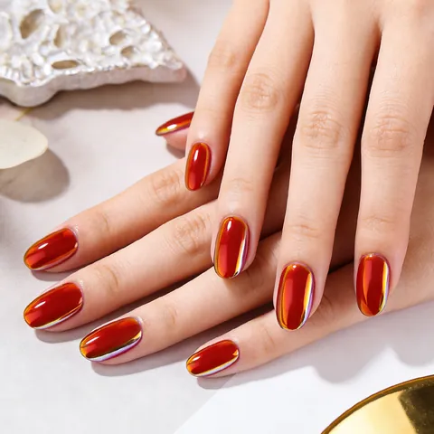 Unghie Finte Press On Rosso Arancio Iridescente Cromo Metallico Ovale Corto Copertura Totale per Donna Salon DIY