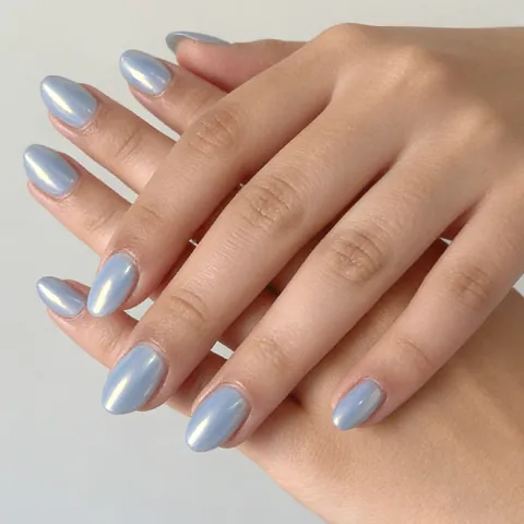 Uñas Postizas a Presión Chrome Metálico Azul Claro Forma Ovalada Corta Color Sólido Brillante para Mujer Arte de Uñas