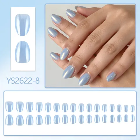 Uñas Postizas a Presión Chrome Metálico Azul Claro Forma Ovalada Corta Color Sólido Brillante para Mujer Arte de Uñas