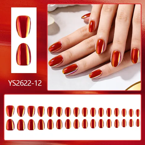 Unghie Finte Press On Rosso Arancio Iridescente Cromo Metallico Ovale Corto Copertura Totale per Donna Salon DIY
