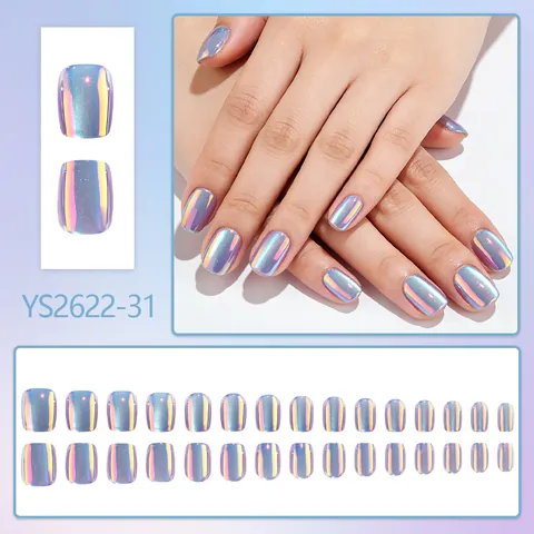 Holographic Aurora Cat Eye Press On Nails Short Square Minimalist Solid Color Laser Shimmer False Nails Manicure For Women