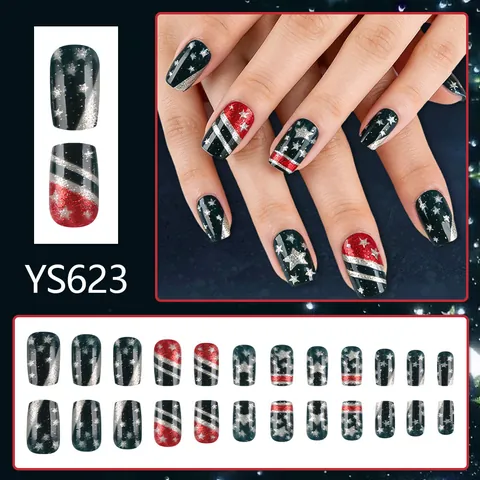 Unabhängigkeitstag Künstliche Nägel Quadratisch Blau Rot Glitzer Sterne Streifen Muster ABS Kunststoff Nägel Für Damen Party
