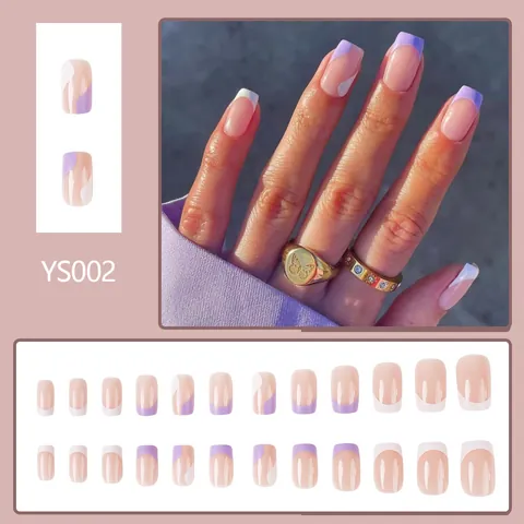 French Style Lavender Purple White Contrast Color Square Round Press On Nails Short Fake Nails Tips For Women Manicure