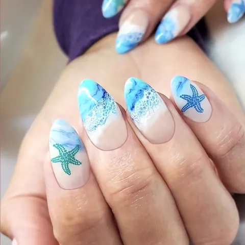 Hawaii Ocean Wave Starfish Press On Nails Blue White Gradient Almond Shape Glossy Artificial Nails For Women Beach Party