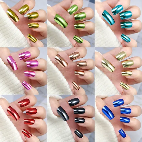 Kurz Quadratisch Metallisch Spiegel Künstliche Fingernägel Chrom Falsche Nägel Für Damen Galvanisiert Punk Stil Maniküre Dekoration