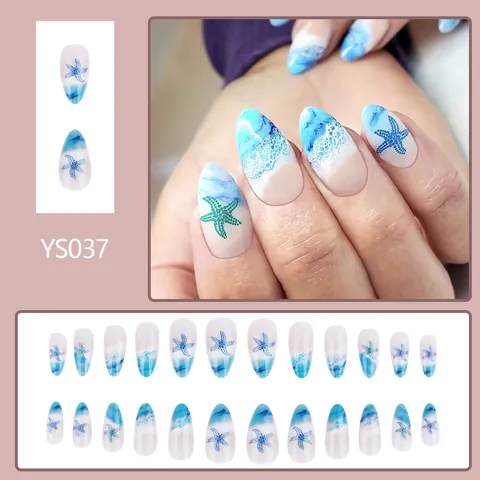 Hawaii Ocean Wave Starfish Press On Nails Blue White Gradient Almond Shape Glossy Artificial Nails For Women Beach Party