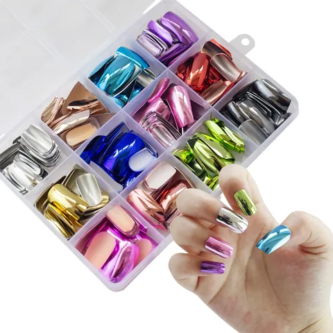 Kurz Quadratisch Metallisch Spiegel Künstliche Fingernägel Chrom Falsche Nägel Für Damen Galvanisiert Punk Stil Maniküre Dekoration