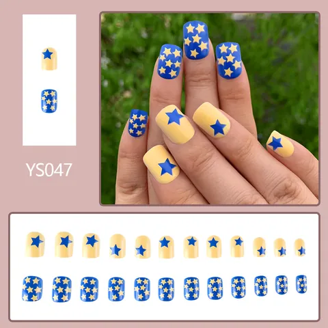 Kurze Quadratische Press On Nails Blau Und Gelb Kontrast Stern Muster Modische Künstliche Nägel Für Damen Tägliche Maniküre Deko Zubehör