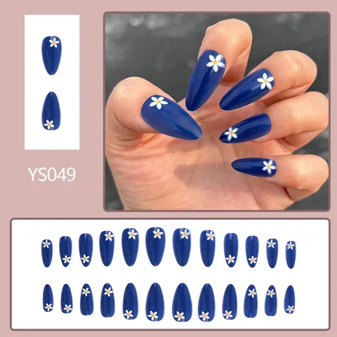 Unghie Finte a Pressione Blu Profondo Forma Mandorla Motivo Margherita Bianca Minimaliste per Donna Manicure Riutilizzabile