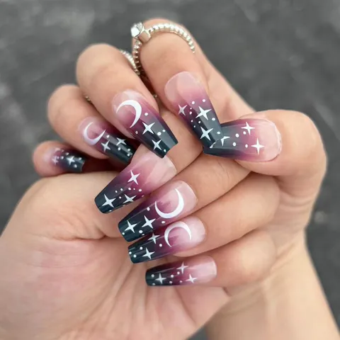 Gradient Star Moon Press On Nails Long Coffin Fake Nails Starry Sky Glossy Artificial Fingernails For Women Nail Art Decoration