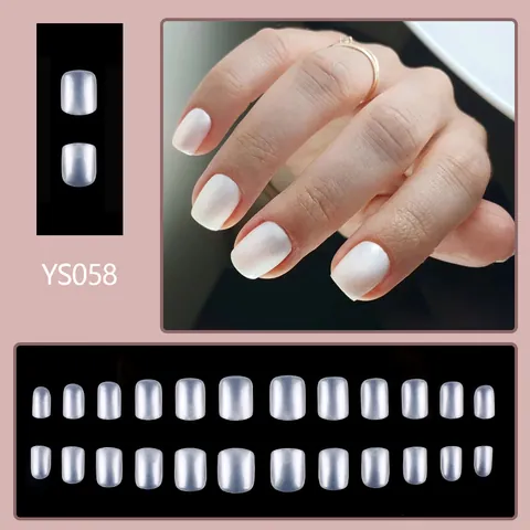 Short Glossy Square Press On Nails Pearlescent White Solid Color Full Cover False Nails For Women Daily Manicure