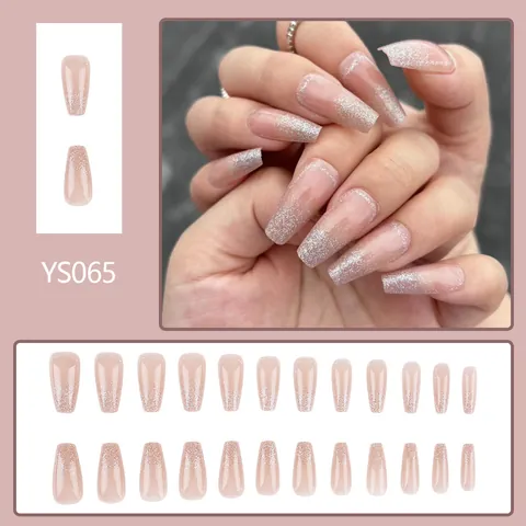 Nude Pink Silber Glitzer Verlauf Aufdrücknägel Lange Sargform Glänzende Künstliche Nägel Für Damen Tägliche Maniküre Dekoration