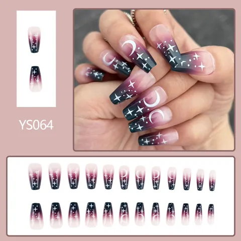 Gradient Star Moon Press On Nails Long Coffin Fake Nails Starry Sky Glossy Artificial Fingernails For Women Nail Art Decoration