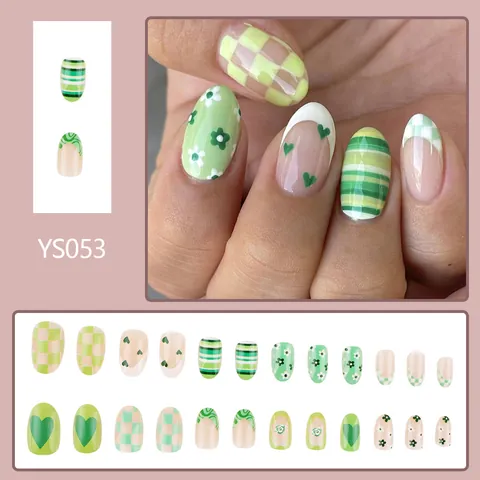 Unghie Finte a Scacchiera Verde con Cuore Ovale Francese con Fiori e Strisce Lucide per Donne e Ragazze San Valentino