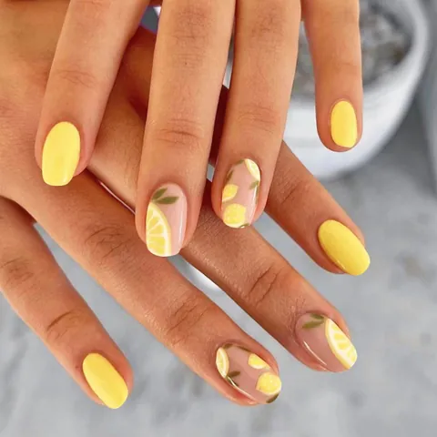 Unghie Finte Estive con Motivo a Limone Fresco Corte Quadrate Giallo Brillante Lucido con Stampa Frutta per Donna