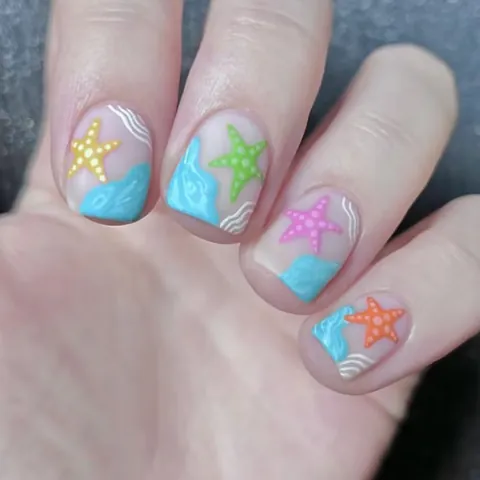 Sommer Ozean Seestern Künstliche Nägel Glänzend Quadratisch Acryl Bunte Seestern Wasserwellen DIY Maniküre Für Damen