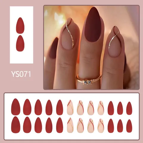 Unghie Finte Opache a Mandorla Design a Blocchi di Colore Rosso Rosa Con Linee Dorate Strass Unghie Artificiali Corte Donna