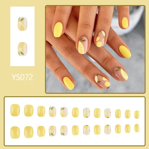 Unghie Finte Estive con Motivo a Limone Fresco Corte Quadrate Giallo Brillante Lucido con Stampa Frutta per Donna