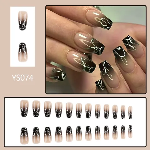 Unghie a Pressione Francesi con Linee Astratte Argento Bara Corta Sfumate Nero Nudo Unghie Finte per Decorazione Manicure Donna