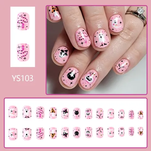 Unghie Finte a Pressione Halloween Rosa Corte Quadrate Motivi Fantasma Zucca Gatto Serpente Unghie Finte Lucide per Festa Donna