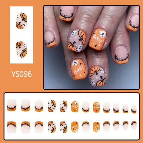 Unghie Finte Opache di Halloween Con Disegni di Zucca Fantasma Lettera Arancione Bianco Nero Forma Ovale Nail Art Festiva
