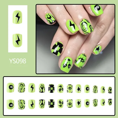 24 Pezzi Unghie Finte Corte Quadrate Verde Neon Con Motivi Fiamma Nera Palla 8 Fulmine Lucide Y2K Punk Unghie per Donna