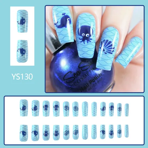 Uñas Postizas a Presión Tema Océano Hawái Patrón Ballena Pulpo Concha Cuadradas Brillantes Para Mujer Set Manicura Playa Verano