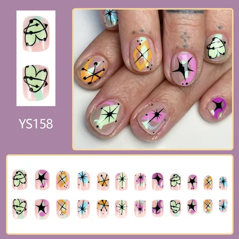 24Pcs Short Square Press On Nails Y2K Mid-Century Modern Abstract Heart Starburst Glossy Mixed Colors Fake Nails Kit