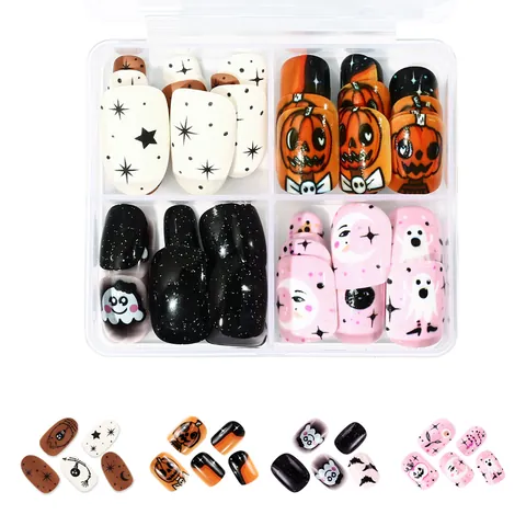 Halloween Künstliche Fingernägel Kurz Eckig Glänzend Falsche Nägel Mit Kürbis Gespenst Für Damen Festliche Party Maniküre