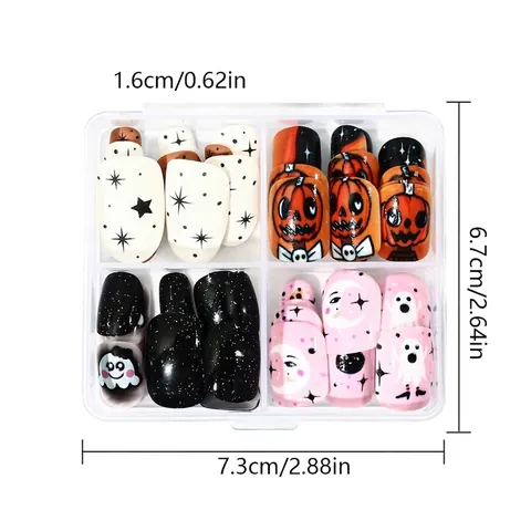 Halloween Künstliche Fingernägel Kurz Eckig Glänzend Falsche Nägel Mit Kürbis Gespenst Für Damen Festliche Party Maniküre
