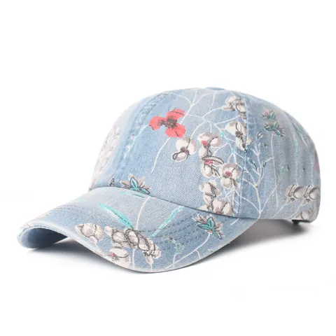 Cappello da Baseball da Donna in Denim Lavato Vintage con Stampa Floreale Berretto da Sole Regolabile Casual in Cotone Denim