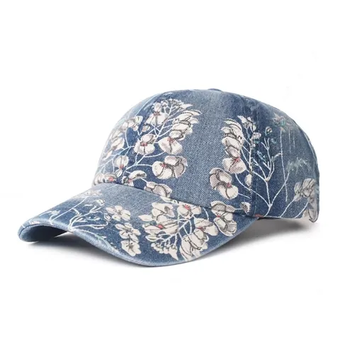 Cappello da Baseball da Donna in Denim Lavato Vintage con Stampa Floreale Berretto da Sole Regolabile Casual in Cotone Denim