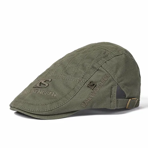 Hommes Femmes Coton Brodé Béret Plat Rétro Britannique Réglable Casquette Visière pour Protection Solaire Extérieure