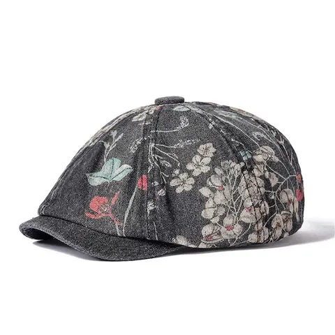 Berretto Newsboy in Denim con Stampa Floreale Berretto Vintage in Cotone per Donna Regolabile Casual All'aperto Cappello Sole