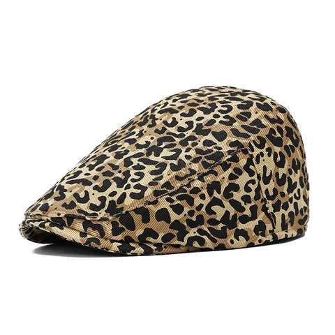 Gorra Plana de Algodón 100% con Estampado de Leopardo para Mujer Gorra Plana de Moda Vintage para Estudiantes Todas las Estaciones Gorra con Visera Corta