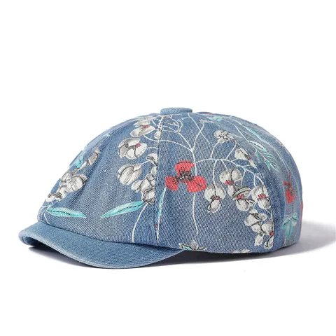 Berretto Newsboy in Denim con Stampa Floreale Berretto Vintage in Cotone per Donna Regolabile Casual All'aperto Cappello Sole