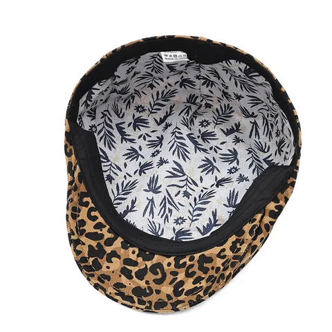 Gorra Plana de Algodón 100% con Estampado de Leopardo para Mujer Gorra Plana de Moda Vintage para Estudiantes Todas las Estaciones Gorra con Visera Corta