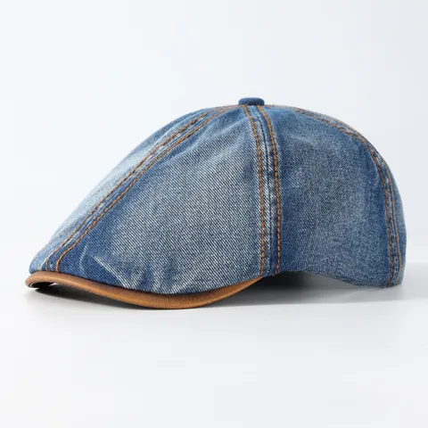 Vintage Washed Denim Flat Cap Newsboy Hat For Men Women Retro Cotton Distressed Forward Cap With Contrast Stitching Adjustable Casual Outdoor Sun Hat