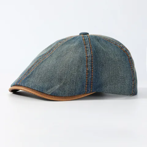 Vintage Washed Denim Flat Cap Newsboy Hat For Men Women Retro Cotton Distressed Forward Cap With Contrast Stitching Adjustable Casual Outdoor Sun Hat
