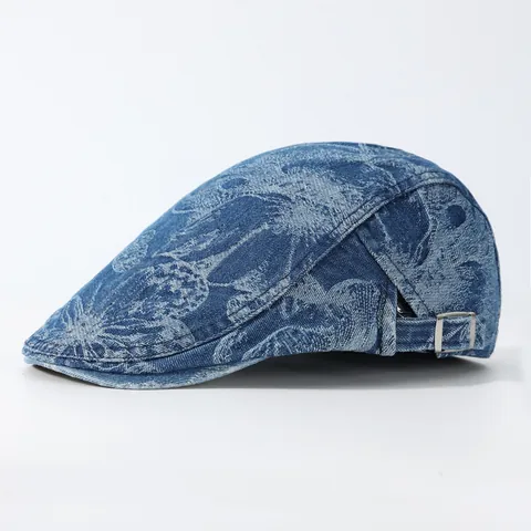 Damen Herren Vintage Gewaschen Denim Schirmmütze Verstellbar Blumenmuster Newsboy Baskenmütze Lässig Outdoor Maler Kappe
