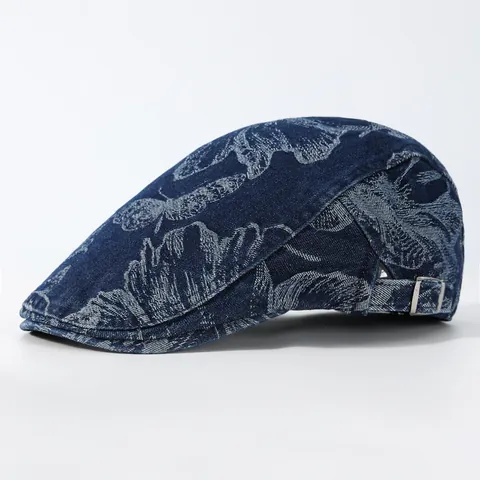 Damen Herren Vintage Gewaschen Denim Schirmmütze Verstellbar Blumenmuster Newsboy Baskenmütze Lässig Outdoor Maler Kappe