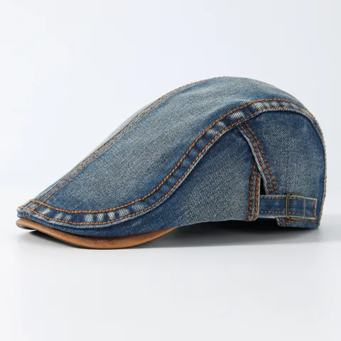 Vintage Gewassen Denim Ivy-pet Voor Heren Dames Verstelbare Metalen Gesp Platte Baskenmütze Met Leren Rand Contraststiksel