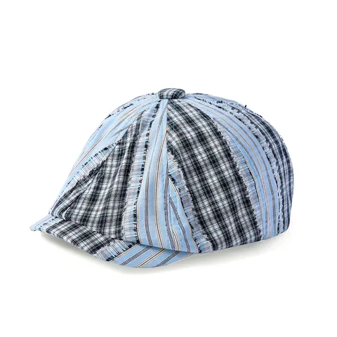 Damen Vintage Baumwolle Karo Patchwork Schiebermütze Ausgefranste Kanten Gestreifter Achteckiger Hut Lässiges Sonnenschutz Outdoor Barett Accessoire